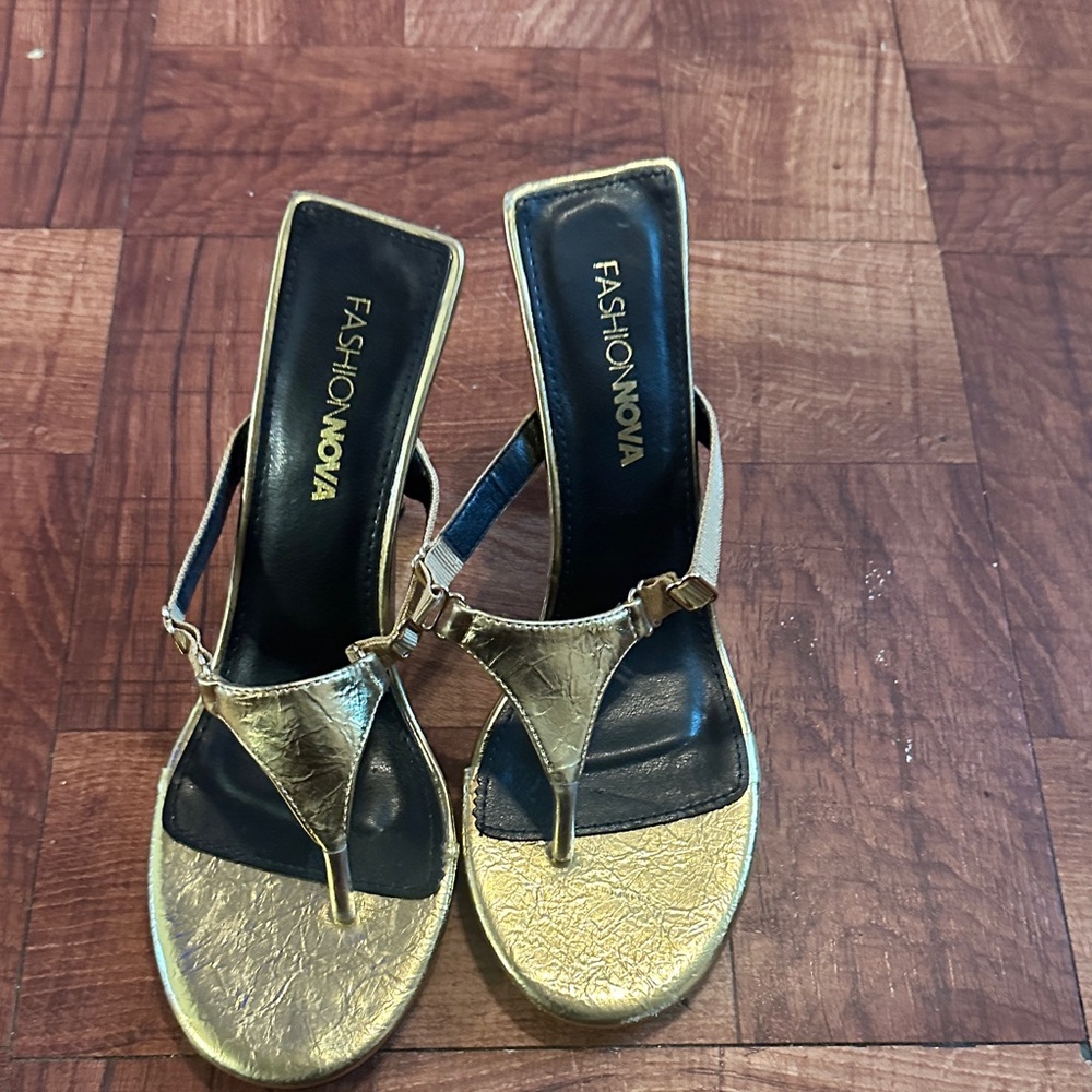 Fashion Nova Metallic Gold T-Strap Mule Heels